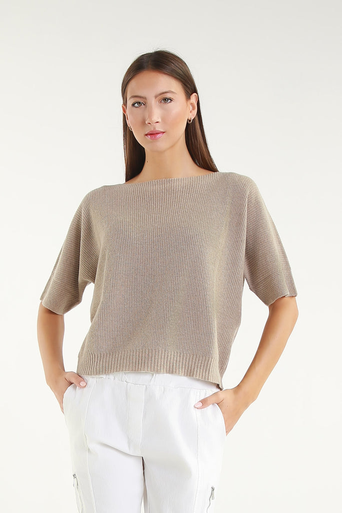 BSS303 263 Bisque Caterina SS Merino/Cotton/Cashmere Blend Ribbed Sweater
