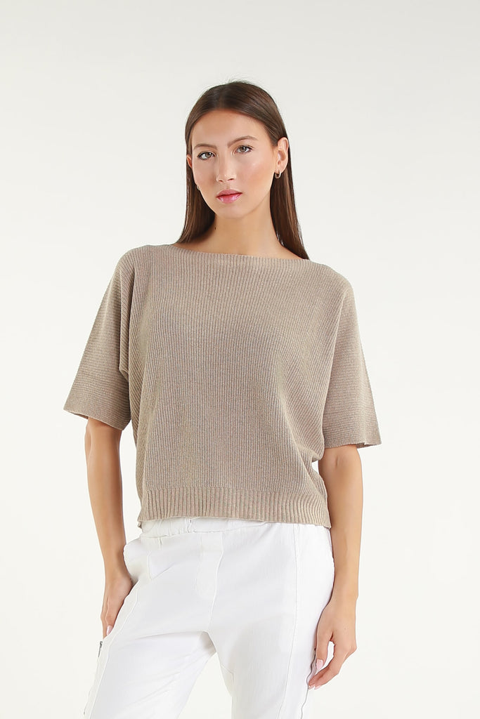BSS303 263 Bisque Caterina SS Merino/Cotton/Cashmere Blend Ribbed Sweater