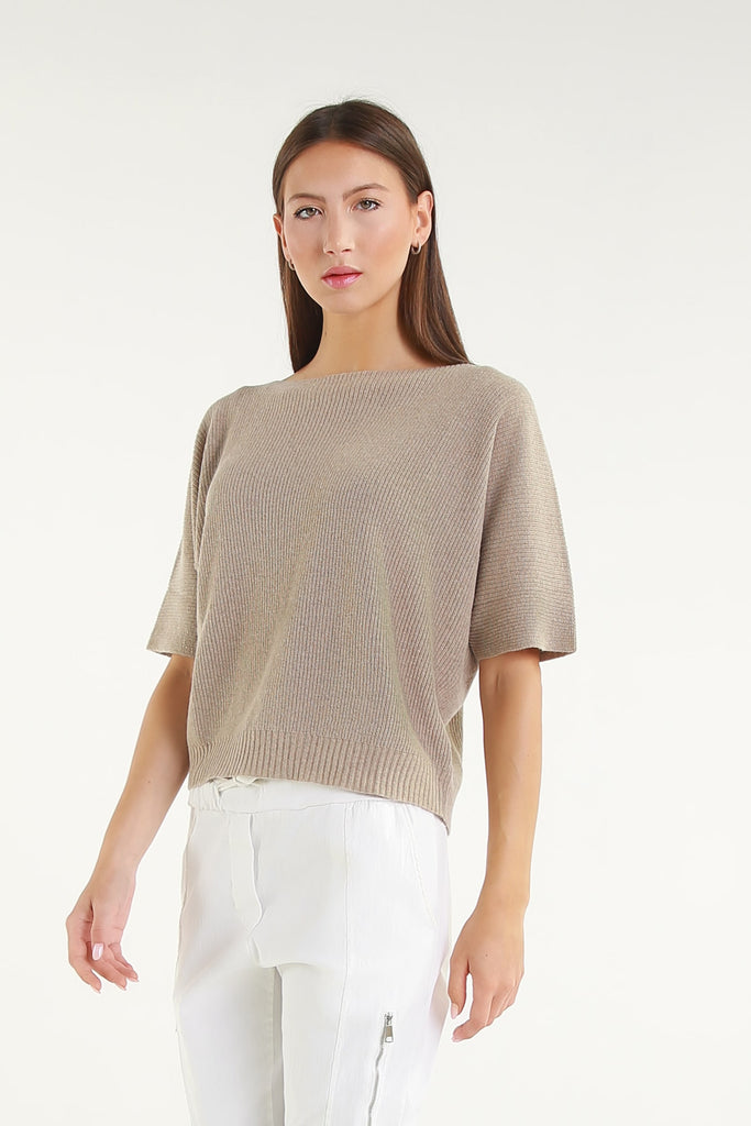 BSS303 263 Bisque Caterina SS Merino/Cotton/Cashmere Blend Ribbed Sweater