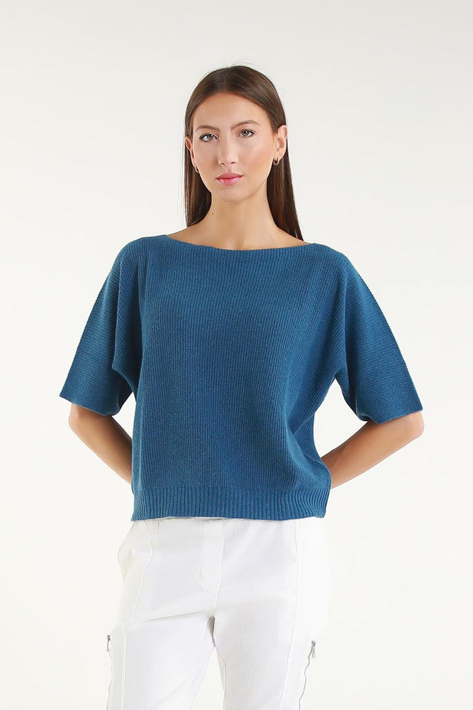 BSS303 400 Blue Caterina SS Merino/Cotton/Cashmere Blend Ribbed Sweater