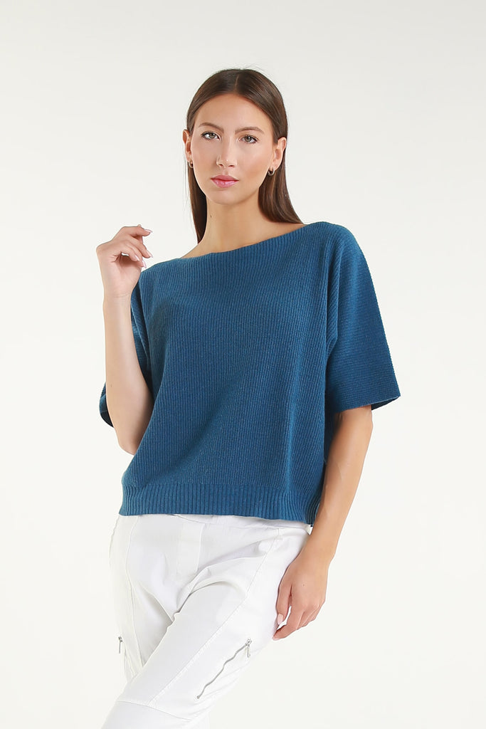 BSS303 400 Blue Caterina SS Merino/Cotton/Cashmere Blend Ribbed Sweater