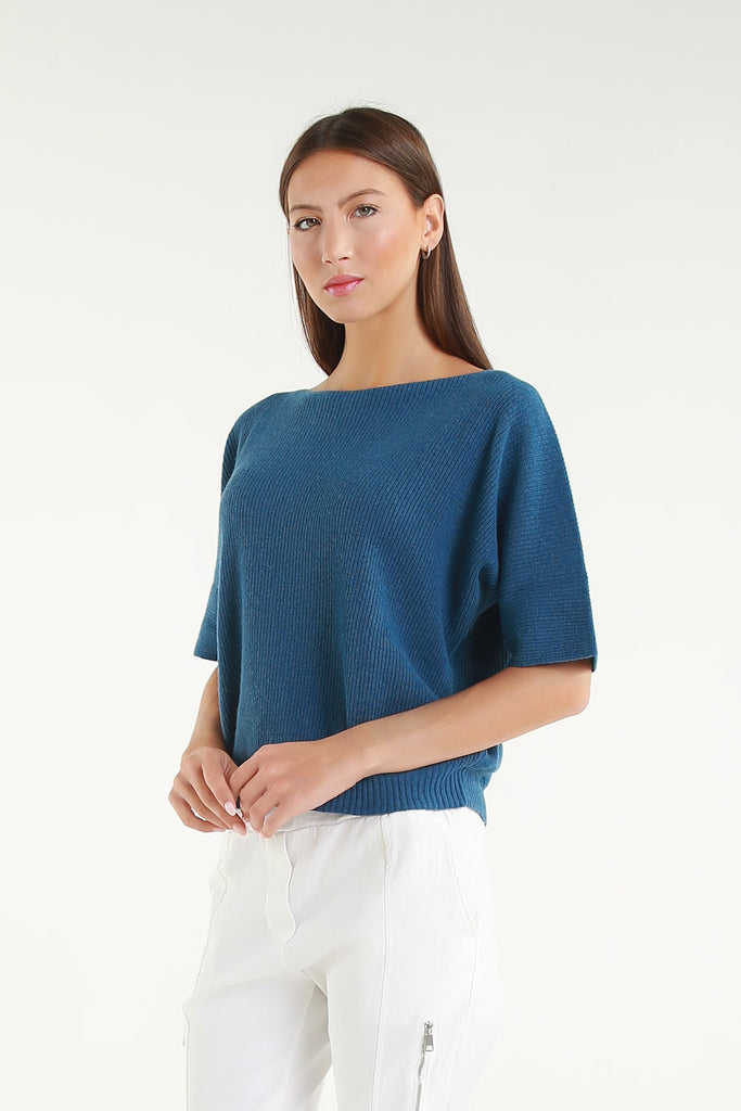 BSS303 400 Blue Caterina SS Merino/Cotton/Cashmere Blend Ribbed Sweater