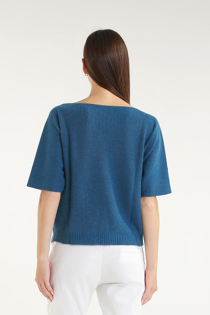 BSS303 400 Blue Caterina SS Merino/Cotton/Cashmere Blend Ribbed Sweater
