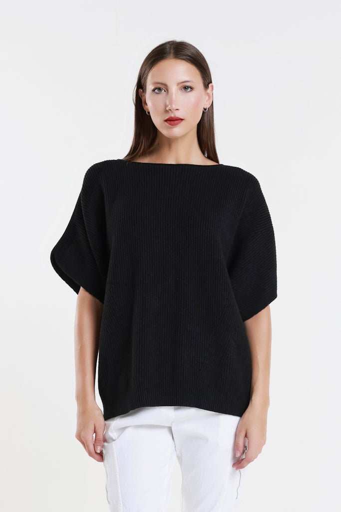 BSS401-001 Black Colleen SS Crew Ribbed Sweater