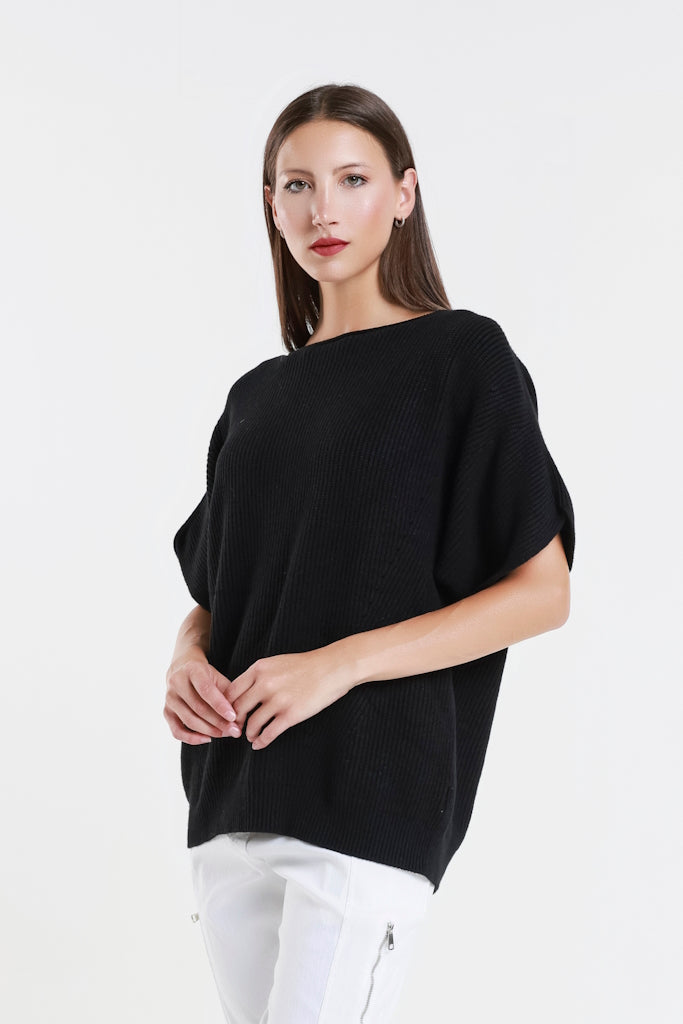 BSS401-001 Black Colleen SS Crew Ribbed Sweater