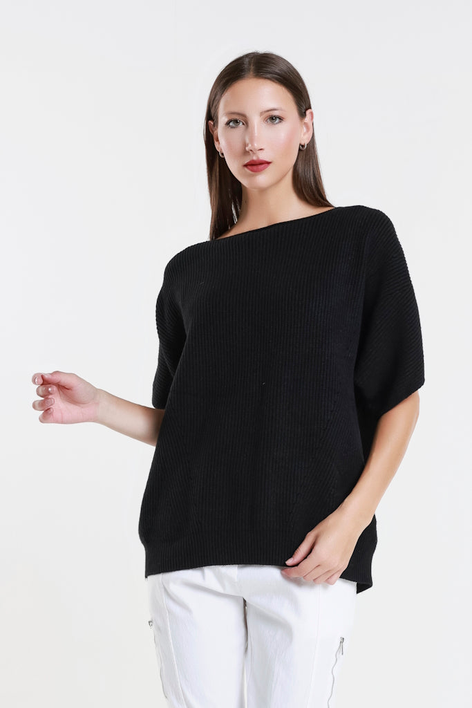 BSS401-001 Black Colleen SS Crew Ribbed Sweater