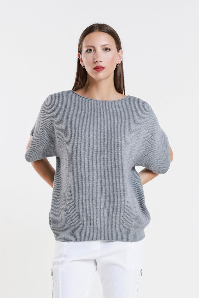 BSS401-011 Slate Colleen SS Crew Ribbed Sweater