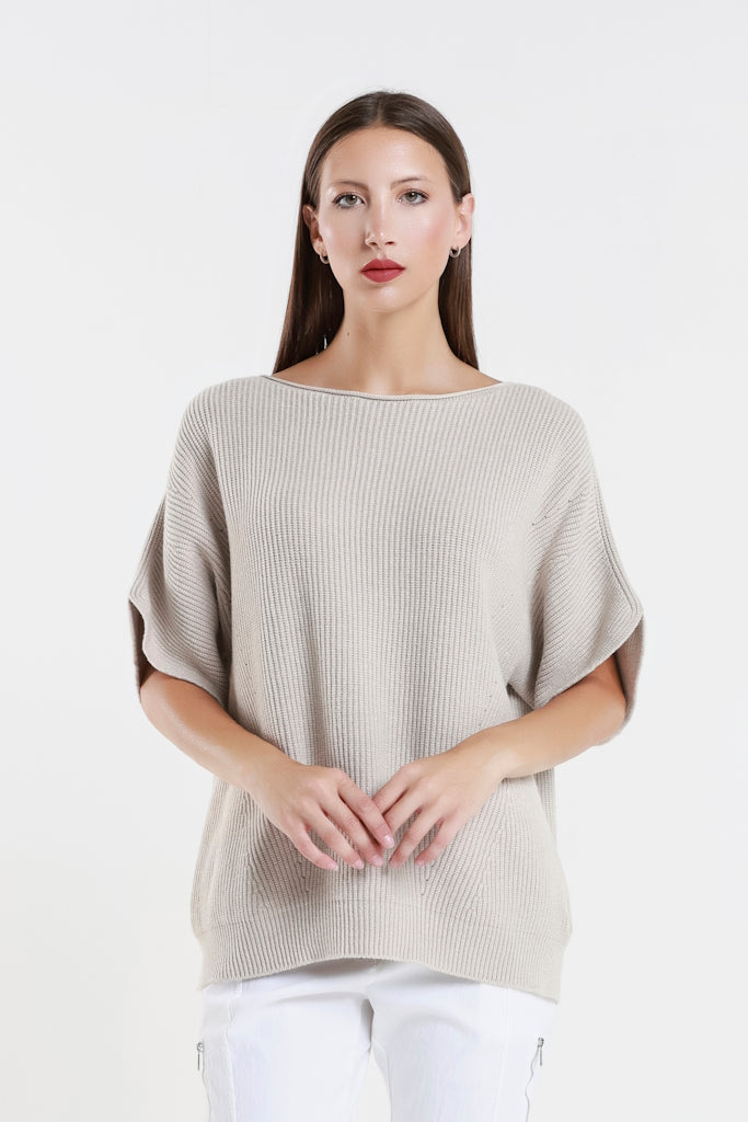 BSS401-250 Beige Colleen SS Crew Ribbed Sweater