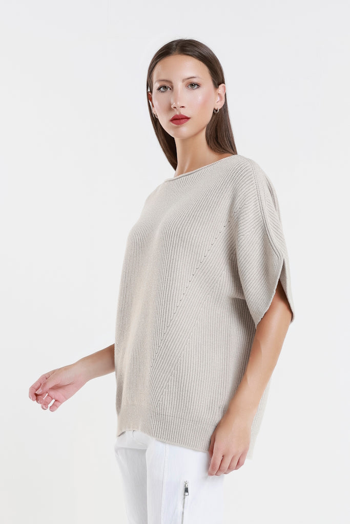 BSS401-250 Beige Colleen SS Crew Ribbed Sweater