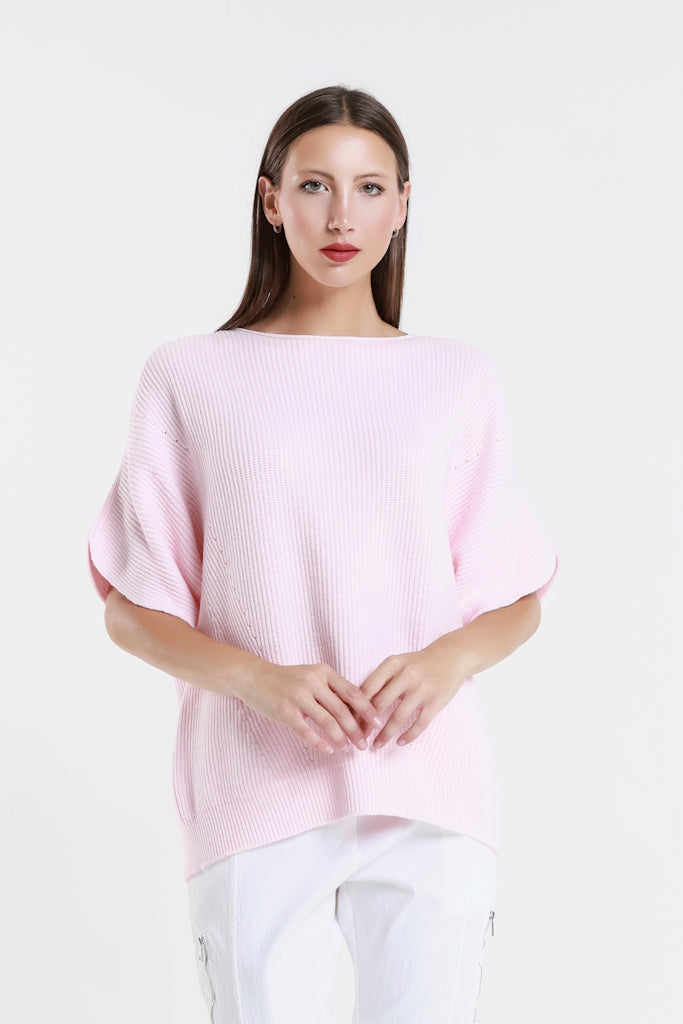 BSS401-650 Pink Colleen SS Crew Ribbed Sweater