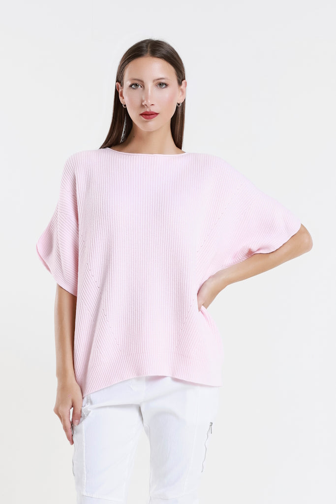 BSS401-650 Pink Colleen SS Crew Ribbed Sweater