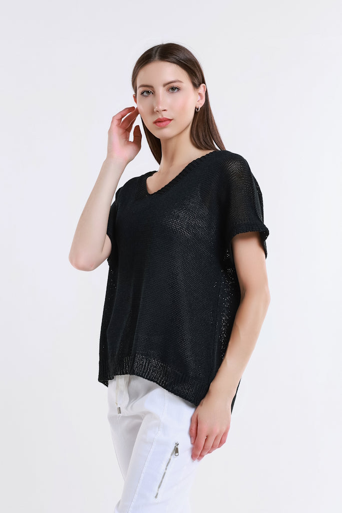 BSS901-001 Black Lillian SS V Neck Sweater