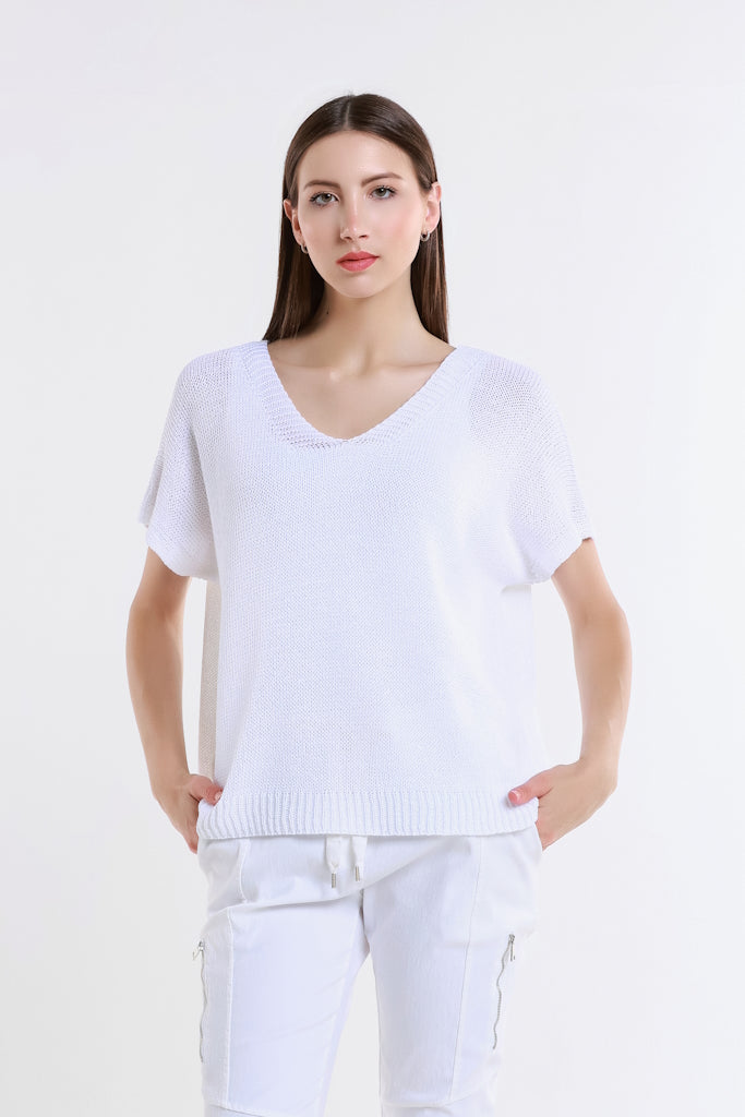 BSS901-100 White Lillian SS V Neck Sweater