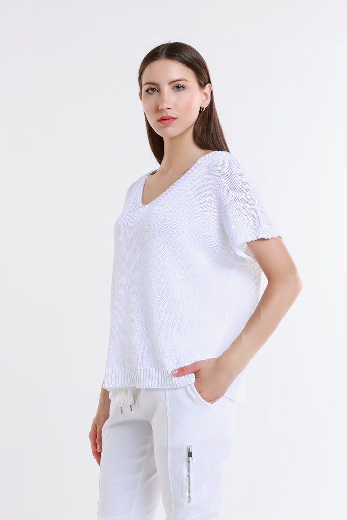 BSS901-100 White Lillian SS V Neck Sweater