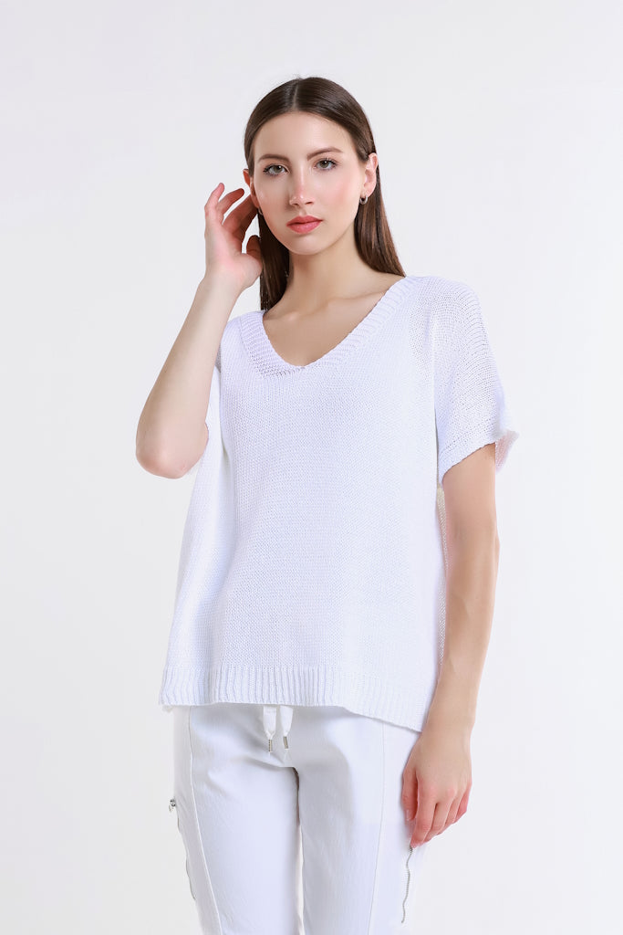 BSS901-100 White Lillian SS V Neck Sweater