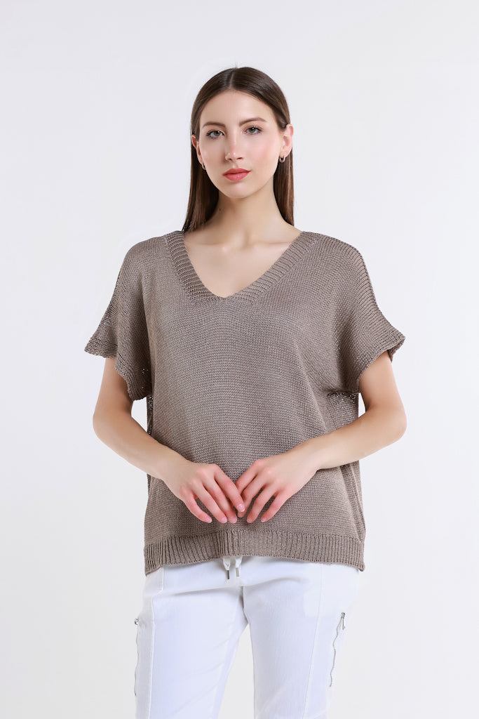 BSS901-210 Taupe Lillian SS V Neck Sweater