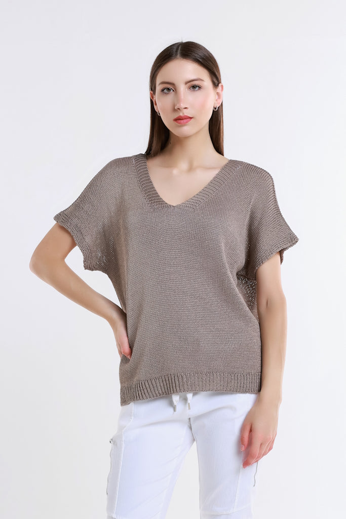 BSS901-210 Taupe Lillian SS V Neck Sweater