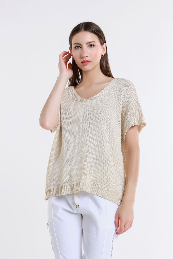 BSS901-255 Sand Lillian SS V Neck Sweater