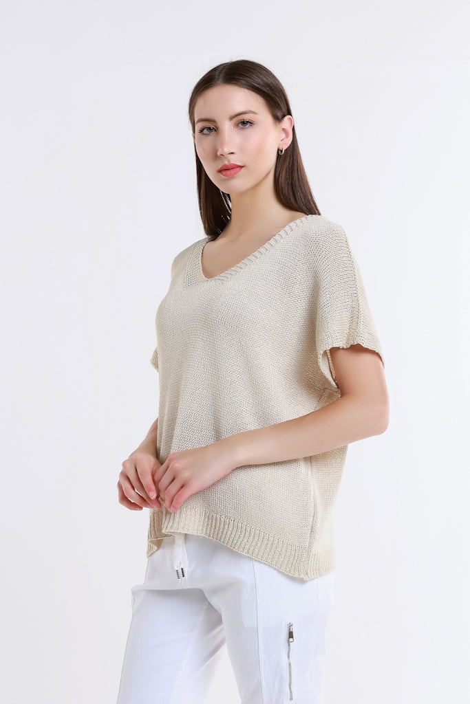 BSS901-255 Sand Lillian SS V Neck Sweater