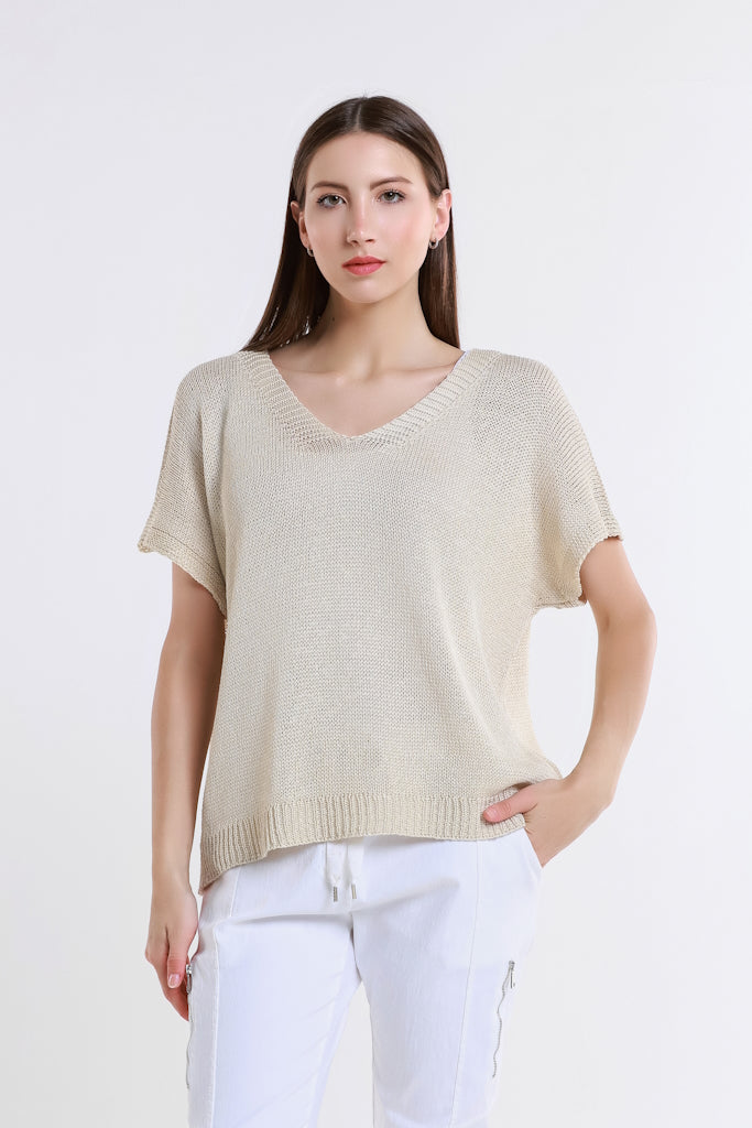 BSS901-255 Sand Lillian SS V Neck Sweater