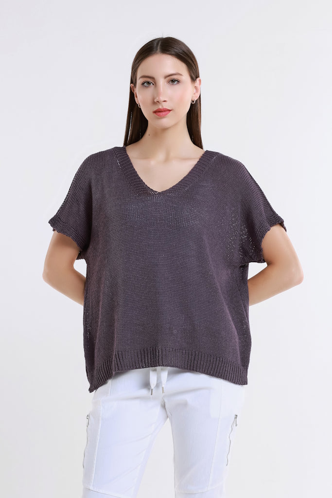 BSS901-503 Eggplant Lillian SS V Neck Sweater