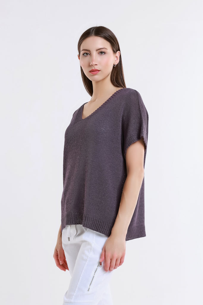 BSS901-503 Eggplant Lillian SS V Neck Sweater