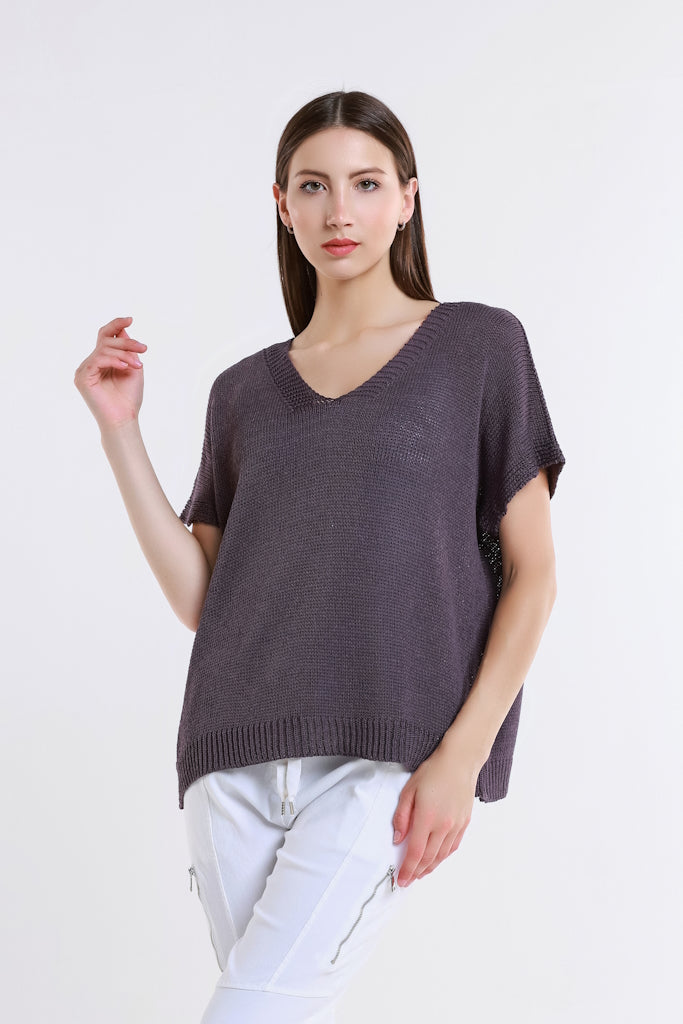 BSS901-503 Eggplant Lillian SS V Neck Sweater