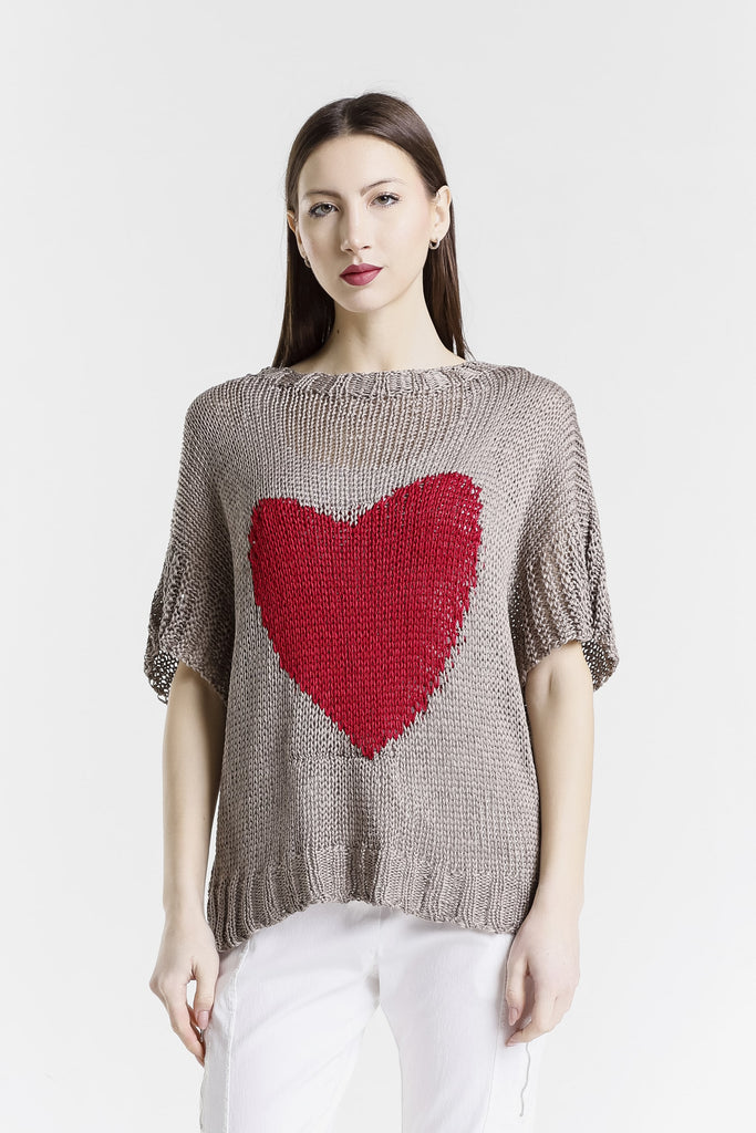 BSS904H 210 Taupe w/ Red Heart Louisa SS Heart Sweater-2