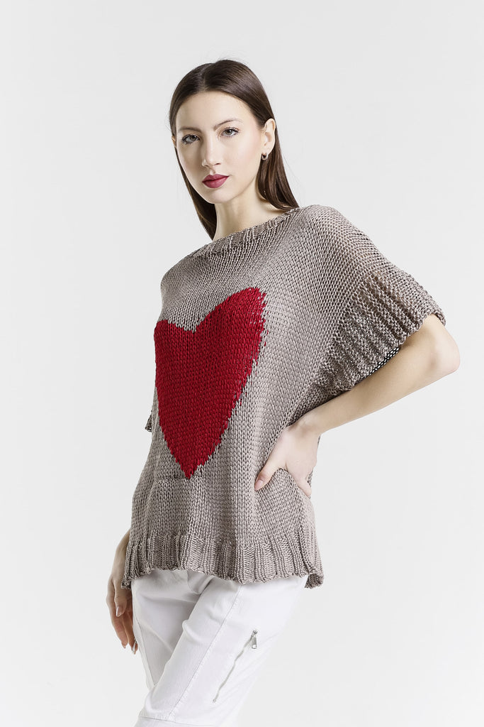 BSS904H 210 Taupe w/ Red Heart Louisa SS Heart Sweater-3