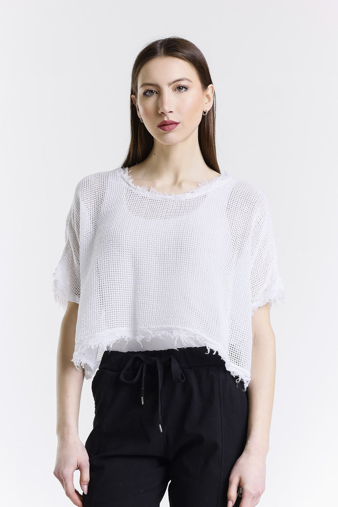 BSS905 100 White Yvonne SS Linen Fringe Top