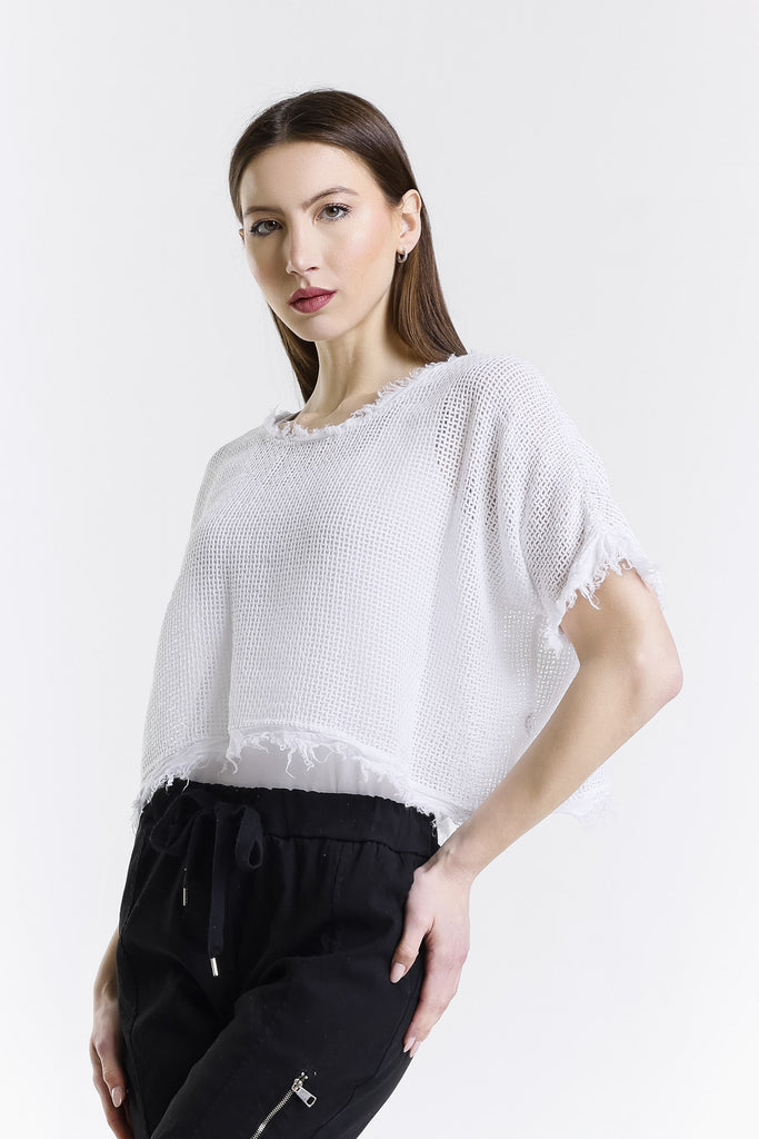 BSS905 100 White Yvonne SS Linen Fringe Top
