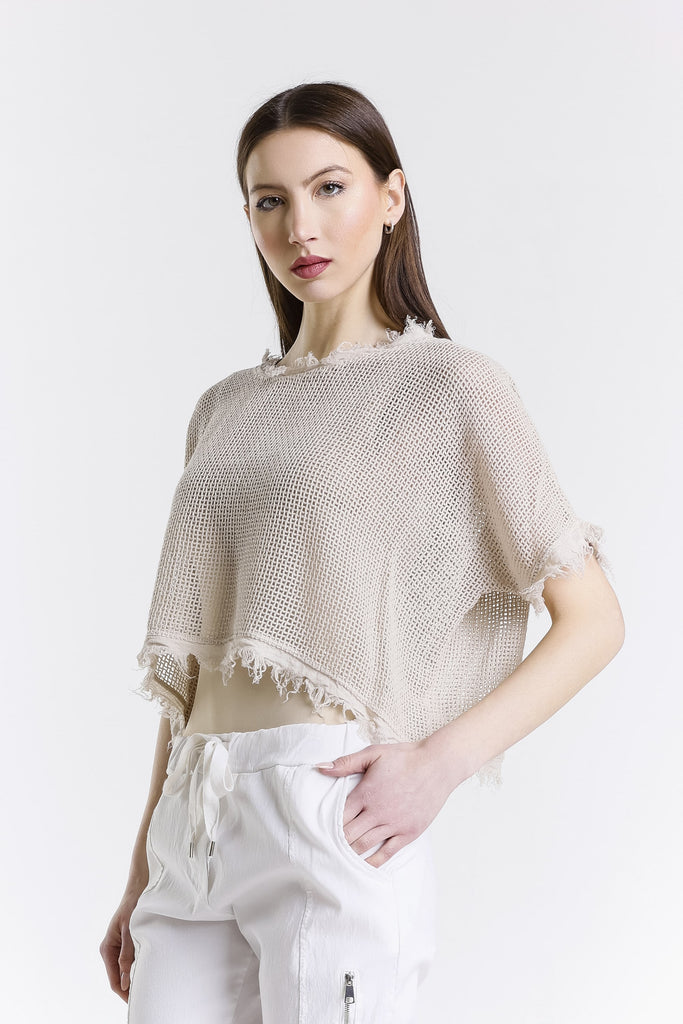 BSS905 250 Beige Yvonne SS Linen Fringe Top
