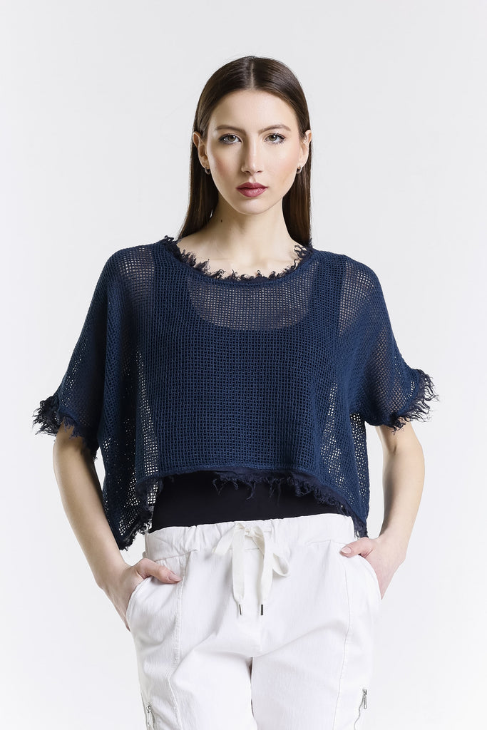 BSS905 409 Navy Yvonne SS Linen Fringe Top
