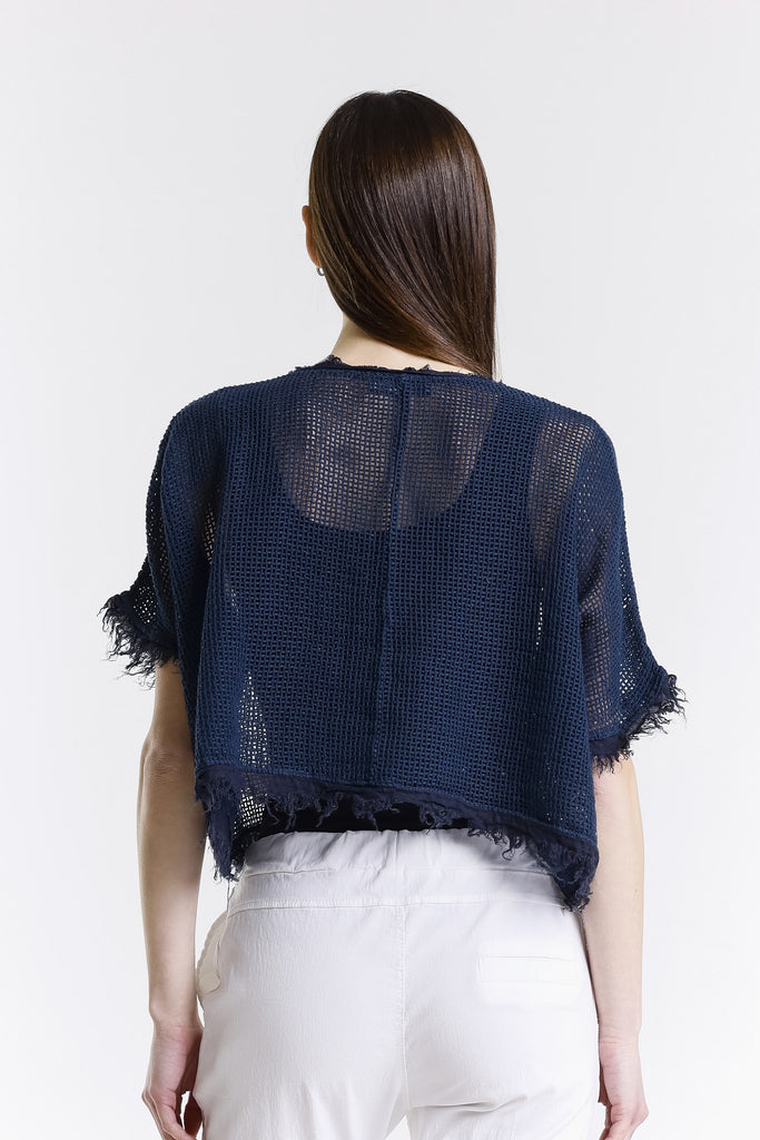 BSS905 409 Navy Yvonne SS Linen Fringe Top