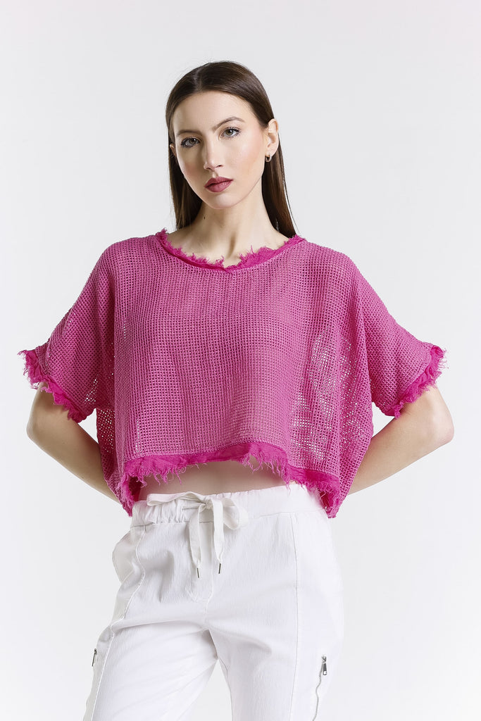 BSS905 672 Fuchsia Yvonne SS Linen Fringe Top
