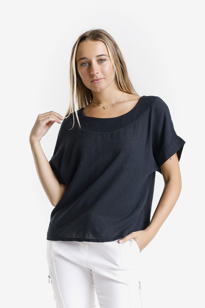 BSS906 001 Black Gianna SS LinCo Yoke Neck Top