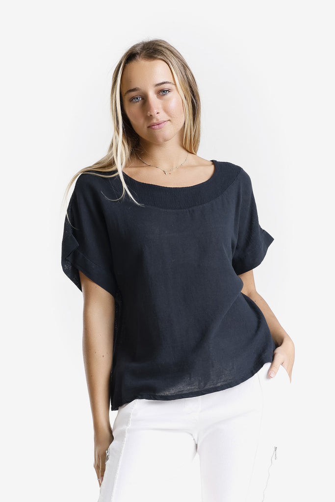 BSS906 001 Black Gianna SS LinCo Yoke Neck Top