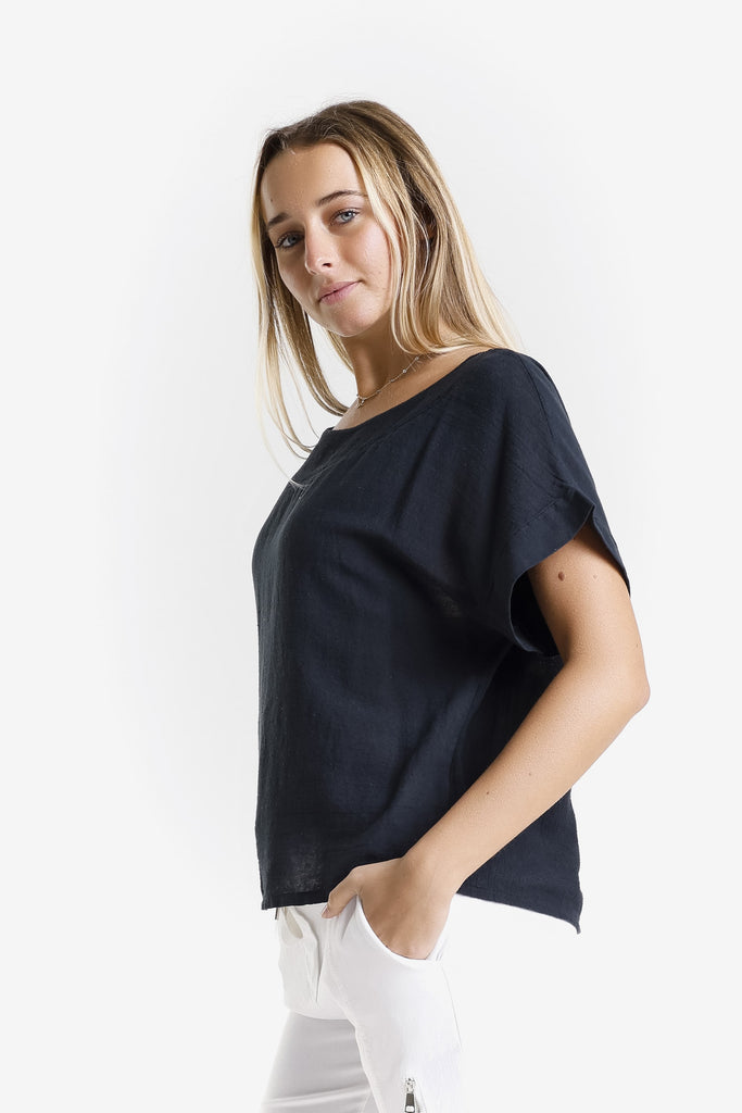 BSS906 001 Black Gianna SS LinCo Yoke Neck Top