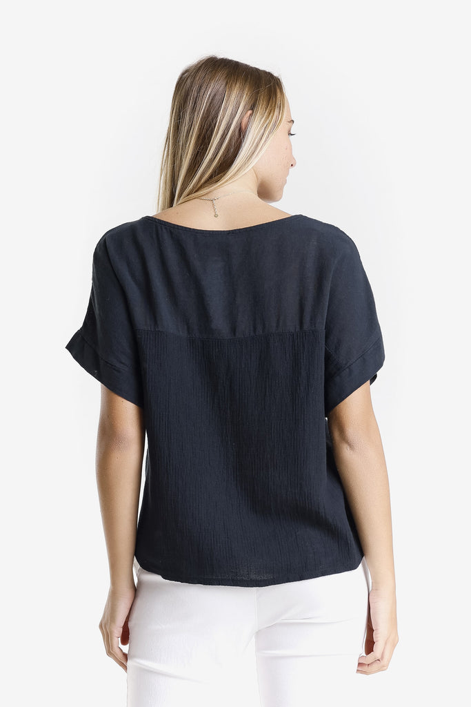 BSS906 001 Black Gianna SS LinCo Yoke Neck Top