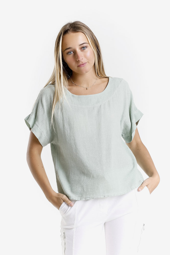 BSS906 308 Army Enzyme Gianna SS LinCo Yoke Neck Top