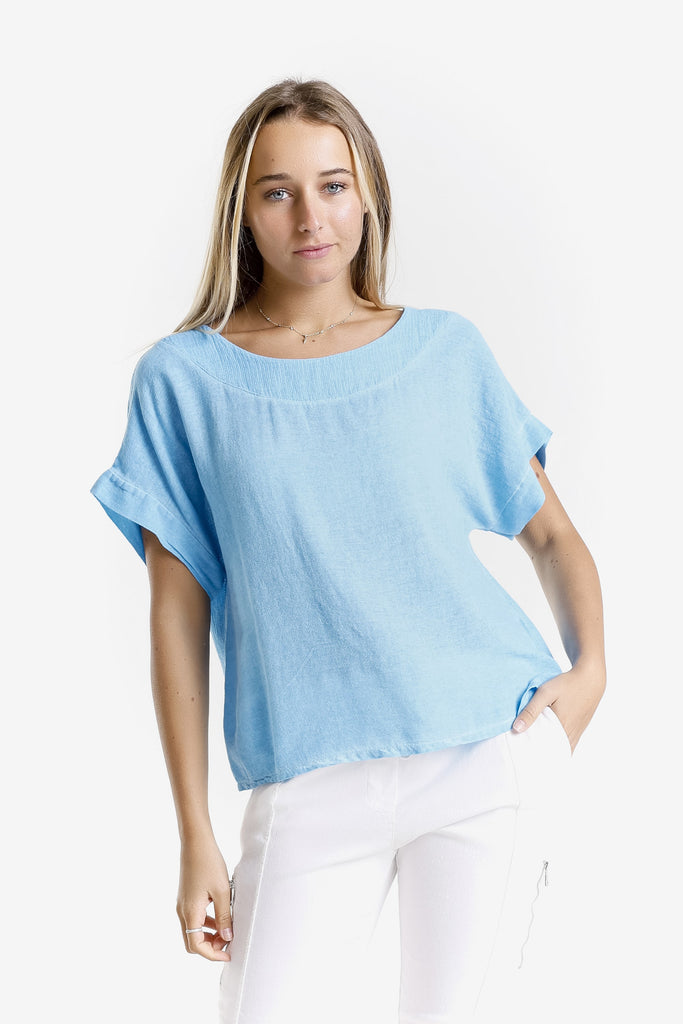 BSS906 447 Turq Enzyme Gianna SS LinCo Yoke Neck Top