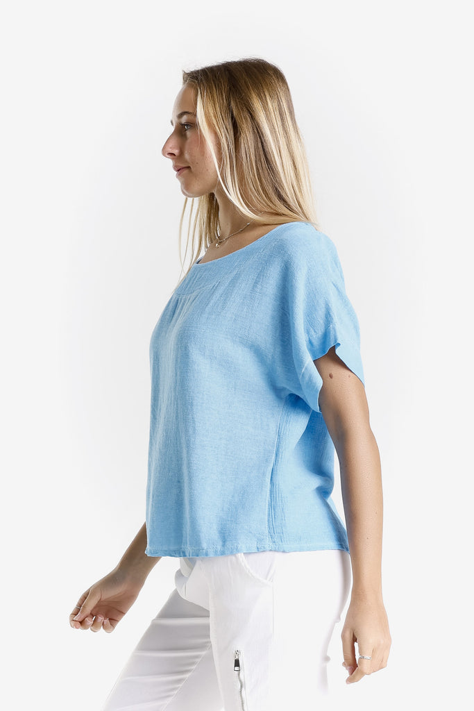 BSS906 447 Turq Enzyme Gianna SS LinCo Yoke Neck Top