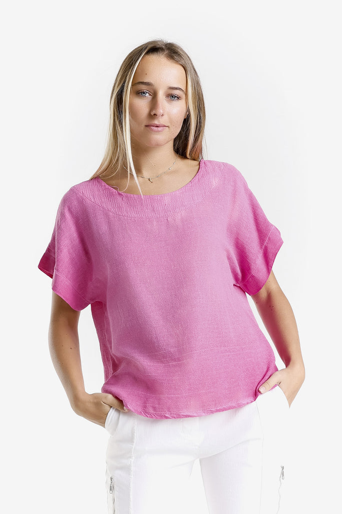 BSS906 673 Fuchsia Enzyme Gianna SS LinCo Yoke Neck Top
