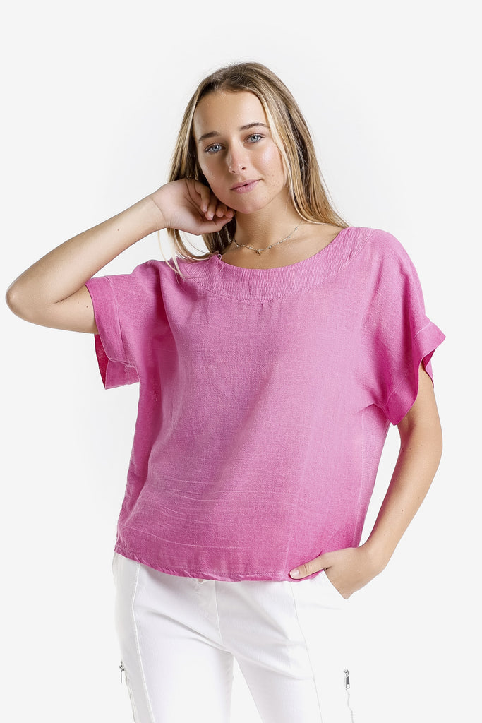 BSS906 673 Fuchsia Enzyme Gianna SS LinCo Yoke Neck Top