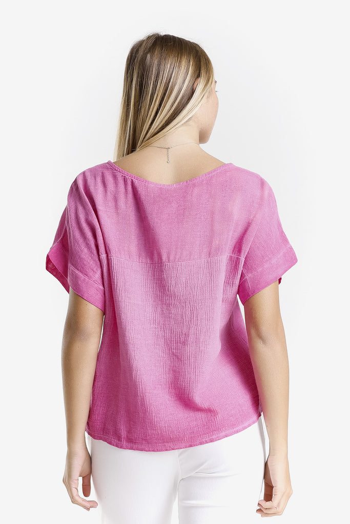 BSS906 673 Fuchsia Enzyme Gianna SS LinCo Yoke Neck Top