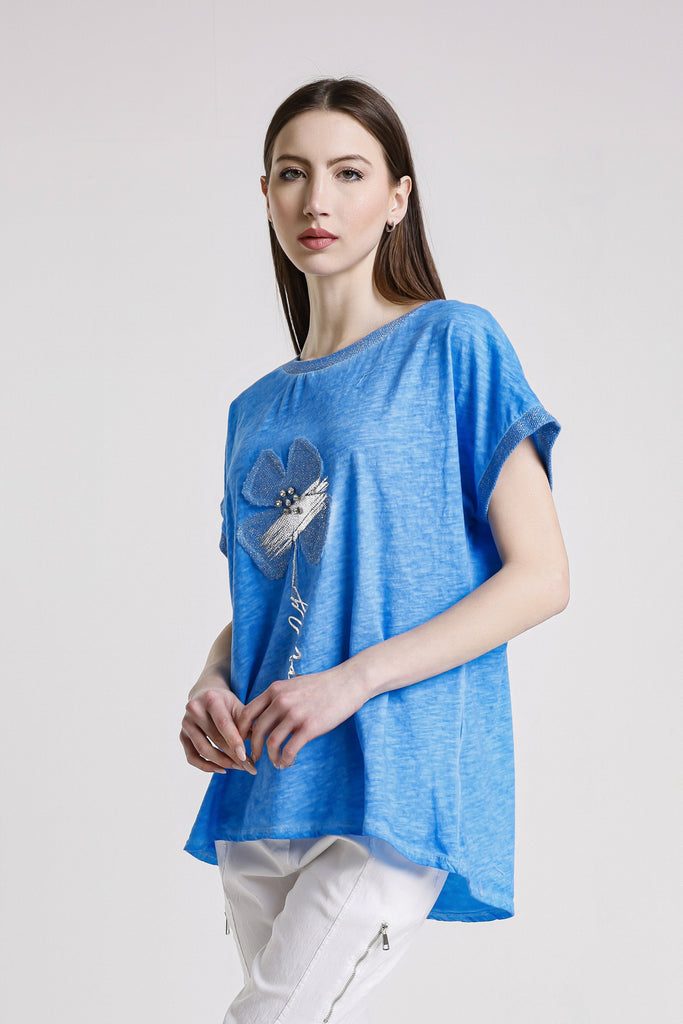BSS907F 407 Royal Blue Flower Vanya SS Applique T-Shirt