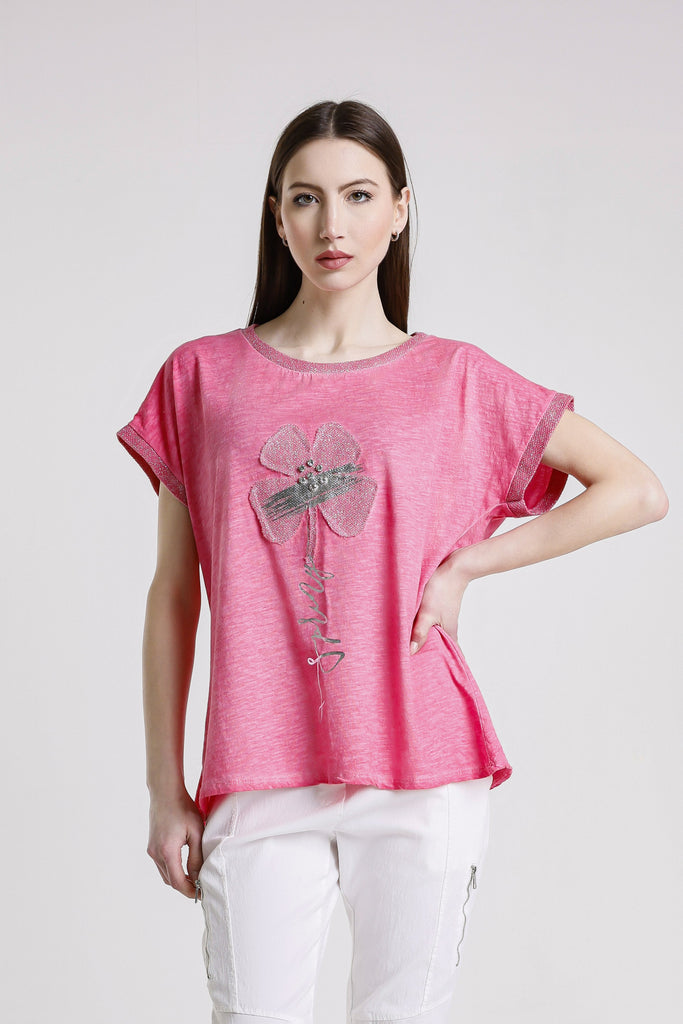 BSS907F 672 Fuchsia Flower Vanya SS Applique T-Shirt
