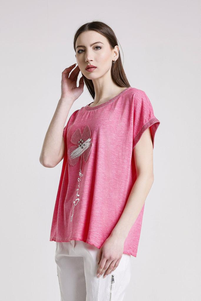BSS907F 672 Fuchsia Flower Vanya SS Applique T-Shirt