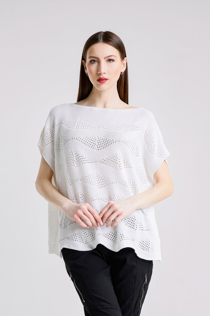 BSS912 100 White Patsy SS Wave Knit Sweater