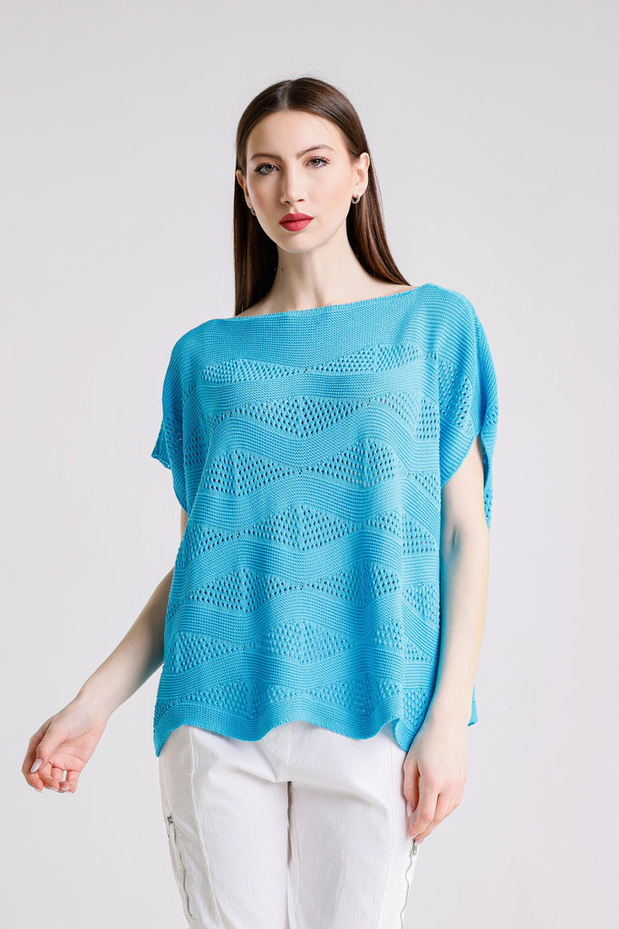 BSS912 440 Turq Patsy SS Wave Knit Sweater